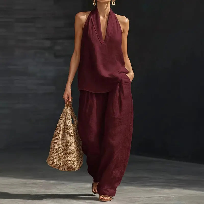 Boho Linen Two Piece Set - Perfect for Beach, Vacation & Brunch! Halter Neck Sleeveless Top Wide Leg Pants Set