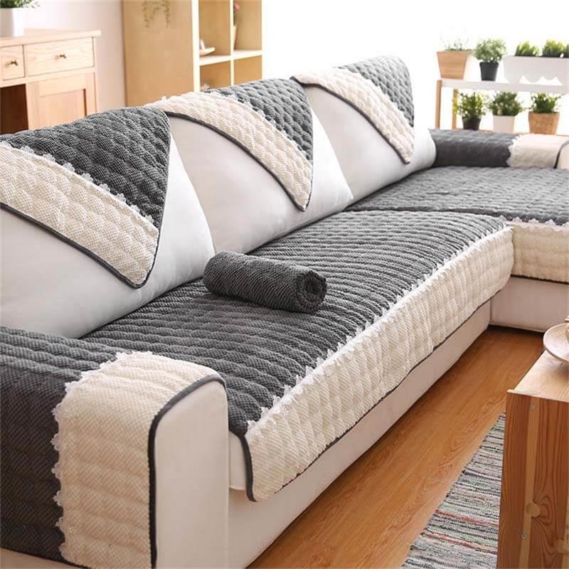 Corduroy Colour Block Non-slip Couch Cover with Lace