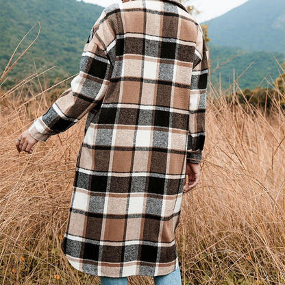 Women's Plaid Print Long Sleeve Warm Tweed Coat