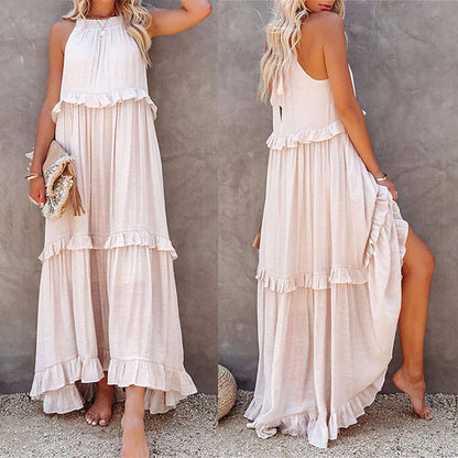 Women's Summer Casual Sleeveless Strappy Backless flounces Dress