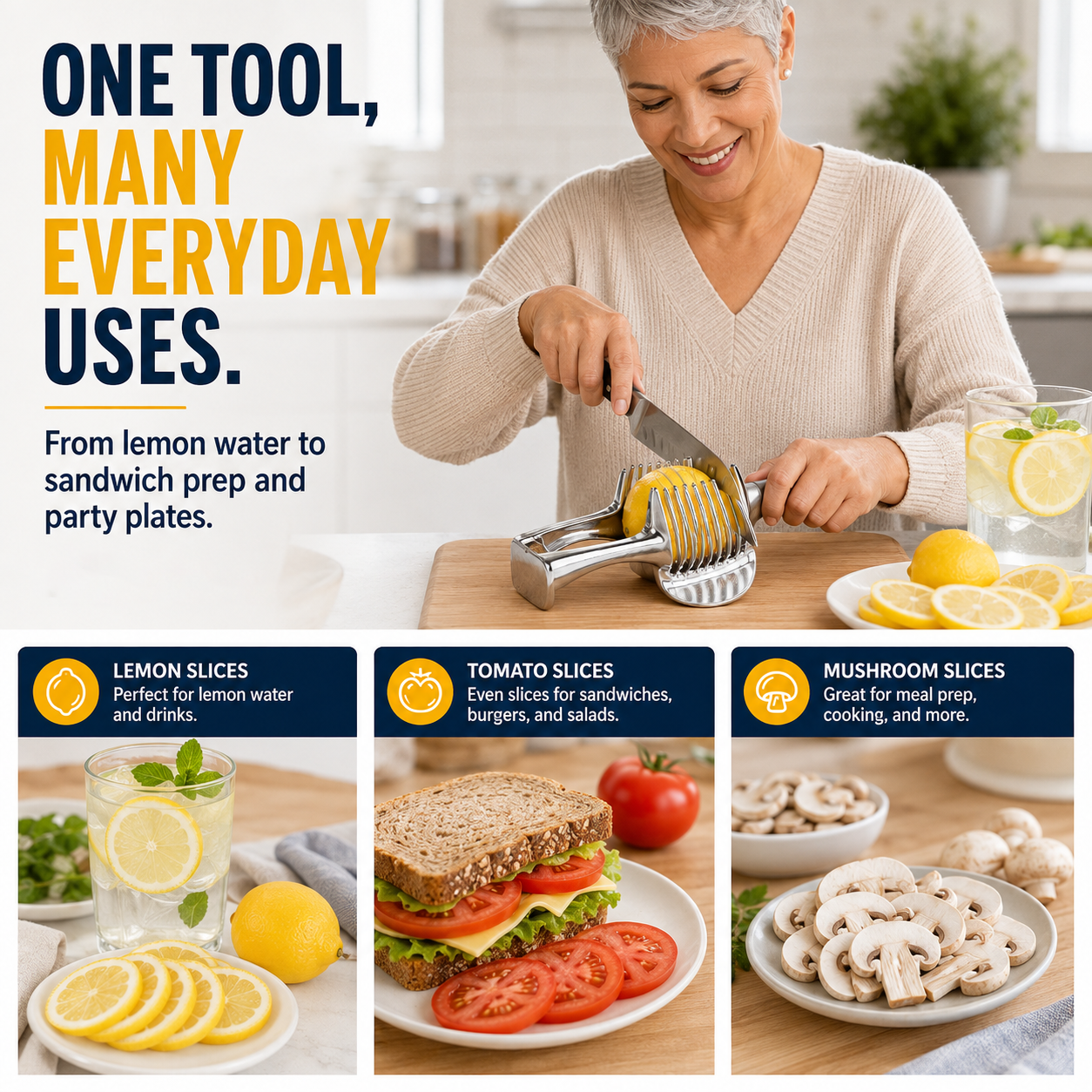 🍋Creative Kitchen Slice Cutting Tool, Food‑Grade Aluminum Alloy Hand‑Held Slicer, Quick Slicing Holder for Lemon, Tomato, Onion & Soft Fruits Vegetables