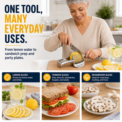 🍋Creative Kitchen Slice Cutting Tool, Food‑Grade Aluminum Alloy Hand‑Held Slicer, Quick Slicing Holder for Lemon, Tomato, Onion & Soft Fruits Vegetables