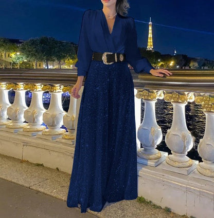 Elegant Long-sleeved Blouse With V-neckline And Wide Sequinned Jumpsuit Trousers