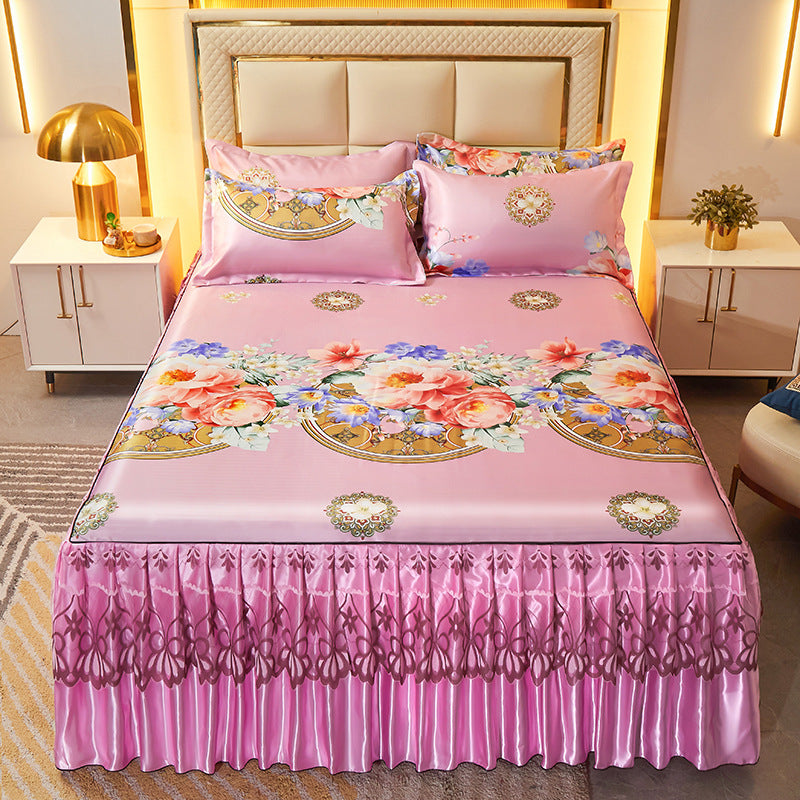 Ice Silk Skirt Style Bed Mat Three-Piece Set