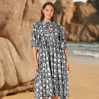 🍊Women's Vintage Floral Pleated Half Sleeve Flowy Dress