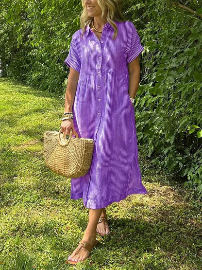 🔥Striped Lapel Button Down Shirt Dress | With Functional Pockets