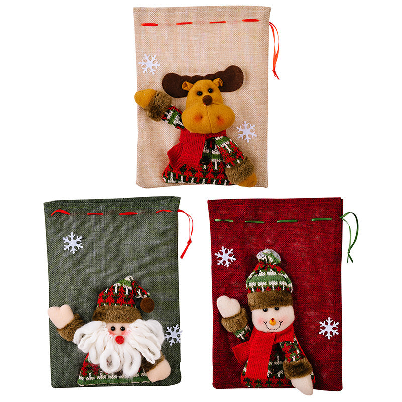 Drawstring Christmas 3D Xmas Linen Gift Bags