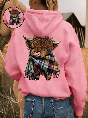 Cute Highland Cow Cozy Fleece-Lined Hooded Sweatshirt