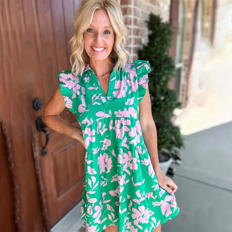 Ruffle Sleeve V-Neck Printed Dress