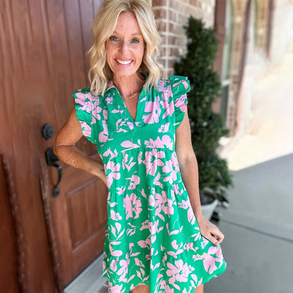 Ruffle Sleeve V-Neck Printed Dress