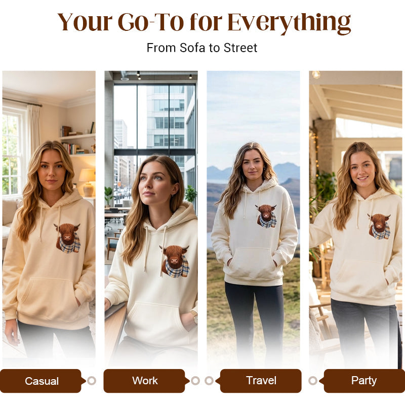 Cute Highland Cow Cozy Fleece-Lined Hooded Sweatshirt