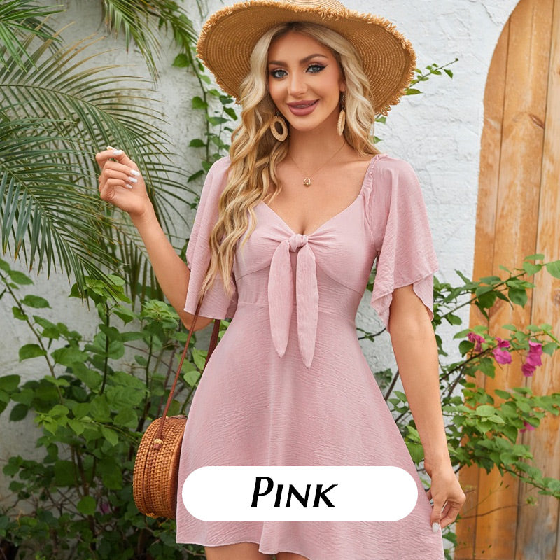 Elegant Deep V Neck Bow-Tie Mini Dress-Very Good Elasticity~