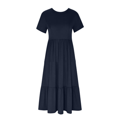 Women's Round Neck Pleated Solid Colour Dress