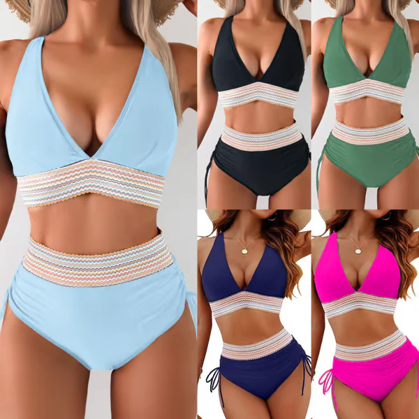 👙High Waisted Tummy Control Colour Block Bikini Sets