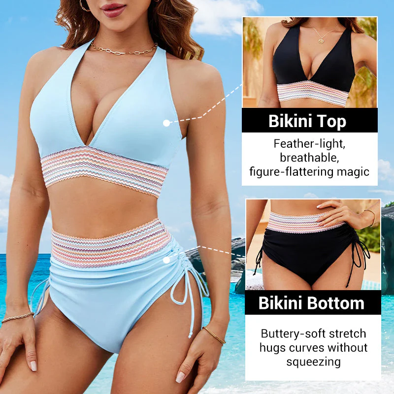 👙High Waisted Tummy Control Colour Block Bikini Sets