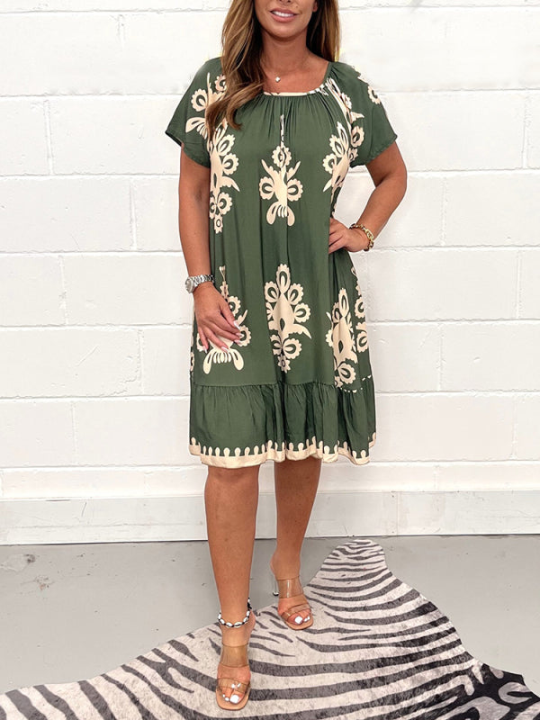 Geometric Pattern Multi Print Square Neck Dress