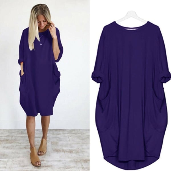 17 Colors Women Casual Loose Pocket Long Sleeves Dress