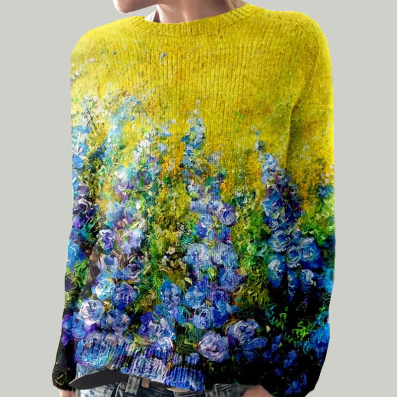 Women’s Colorful Casual Sweater with Romantic Flower Patterns
