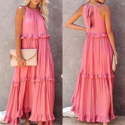 Women's Summer Casual Sleeveless Strappy Backless flounces Dress