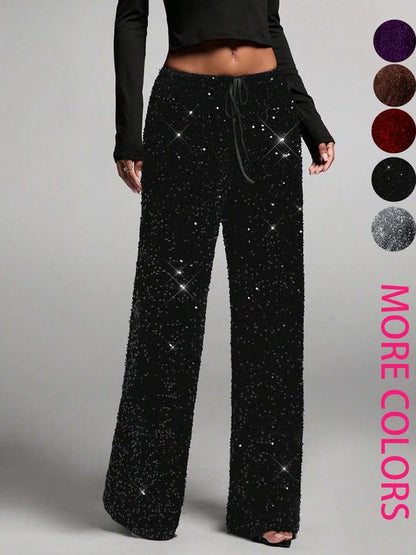 🖤Women's Glitter Fashion Adjustable Drawstring Slimming Elastic Waist Straight-Leg Pants