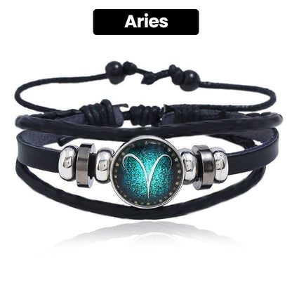 Luminous 12 Constellations Bead Leather Woven Bracelet - Great Gift