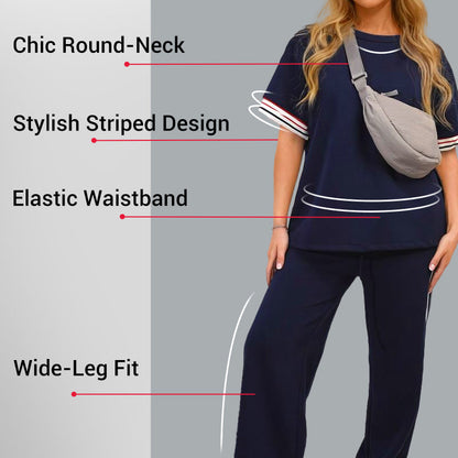 💖Women's Striped T-Shirt & Wide-Leg Joggers Set