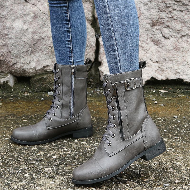 Women's Round Toe Side Zipper Leather Orthopedic Boots