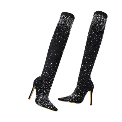 Women’s Sparkly Faux Diamonds Knee High Boots