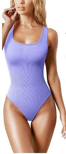 Women's Solid Color Ribbed Low Neck Sleeveless Body Shaping Bodysuit