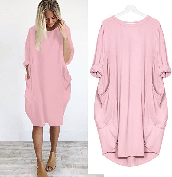 17 Colors Women Casual Loose Pocket Long Sleeves Dress