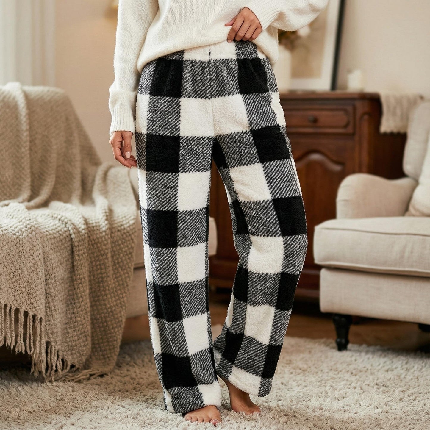 🔥Winter Vintage Plaid Elastic Straight Loose Thick Warm Casual Pants