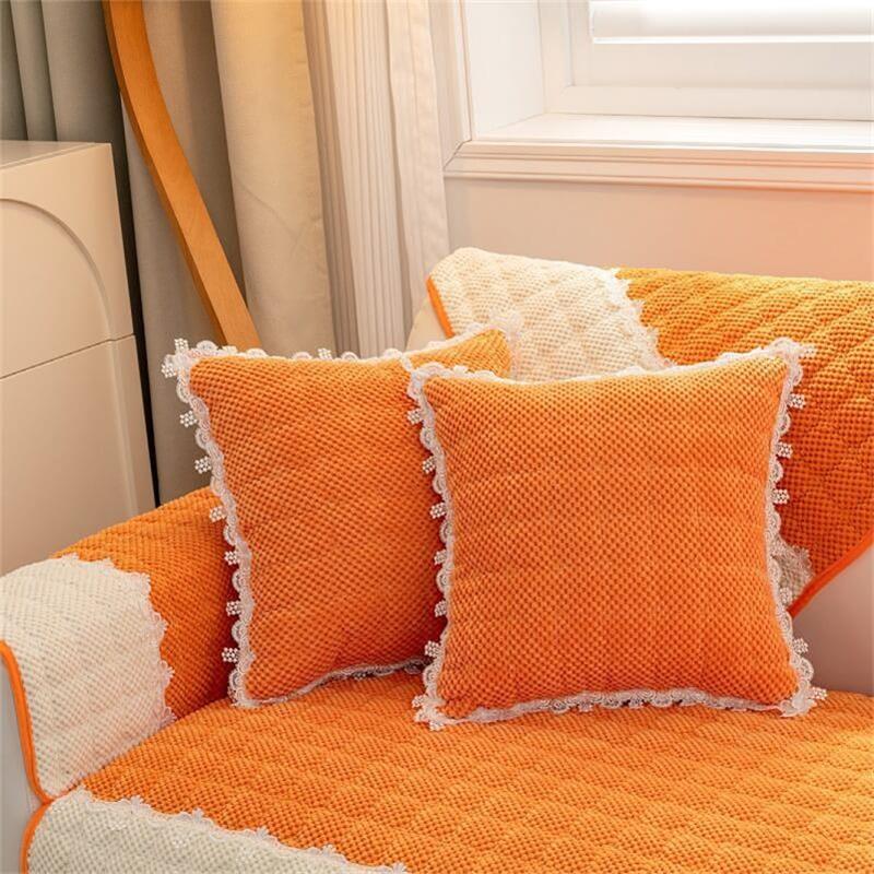 Corduroy Colour Block Non-slip Couch Cover with Lace