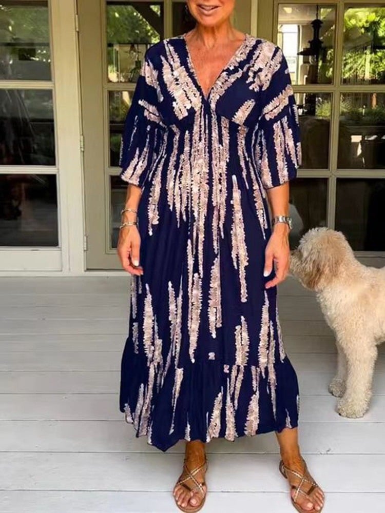 👗Casual Print V-Neck Waist Wrap Long Dress