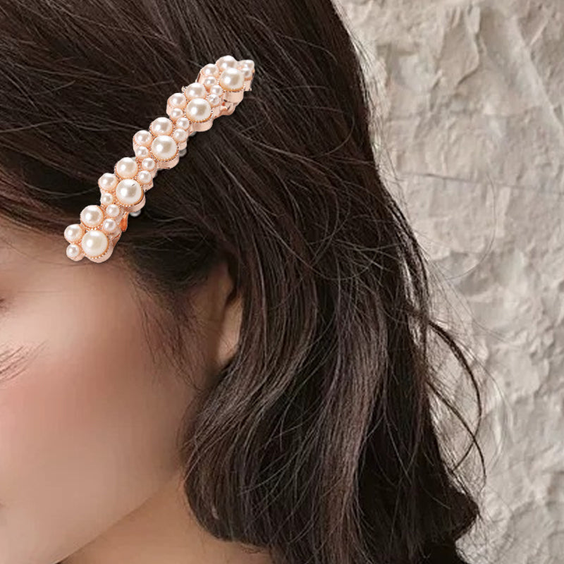 Women's Fashion Artificial Pearl & Clear Rhinestone Hair Clip