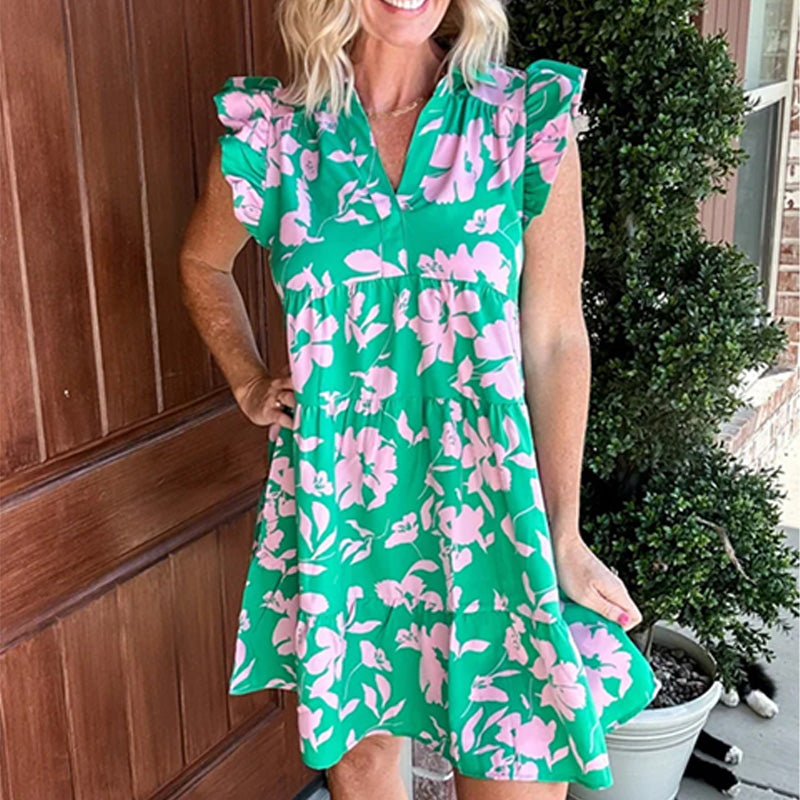 Ruffle Sleeve V-Neck Printed Dress