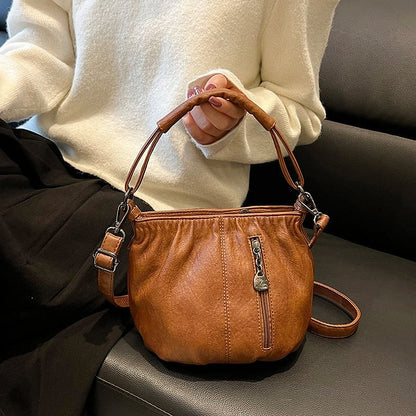 Fashion Simple Casual Pleated Bucket Soft Leather Handbag Shoulder Bag