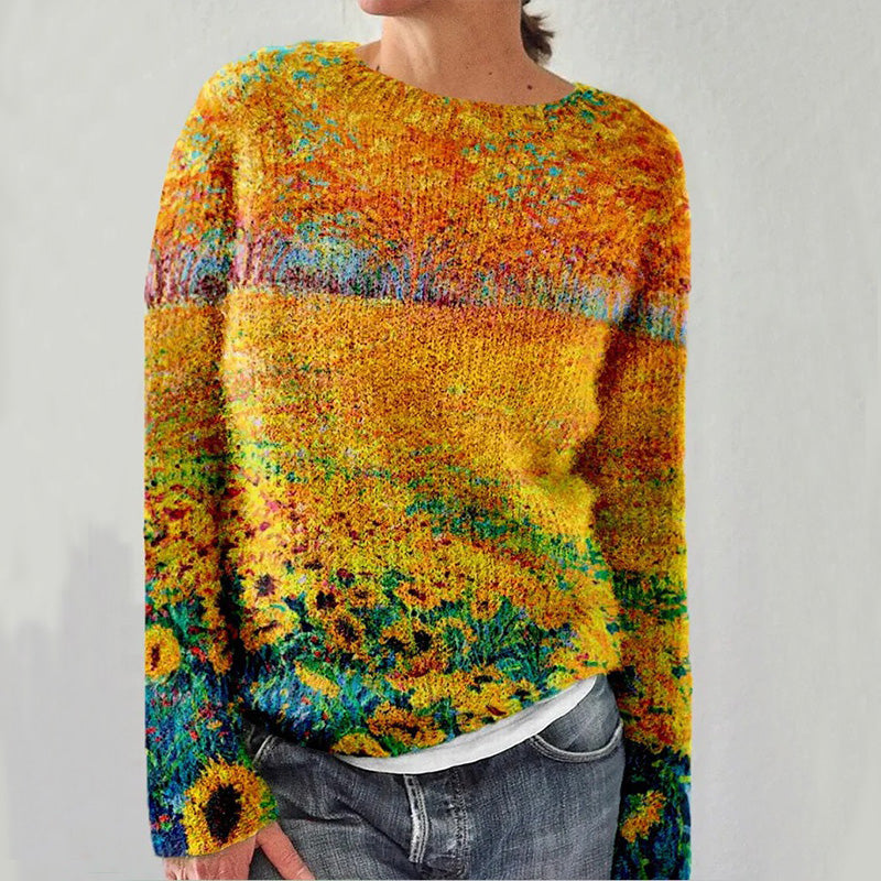 Women’s Colorful Casual Sweater with Romantic Flower Patterns