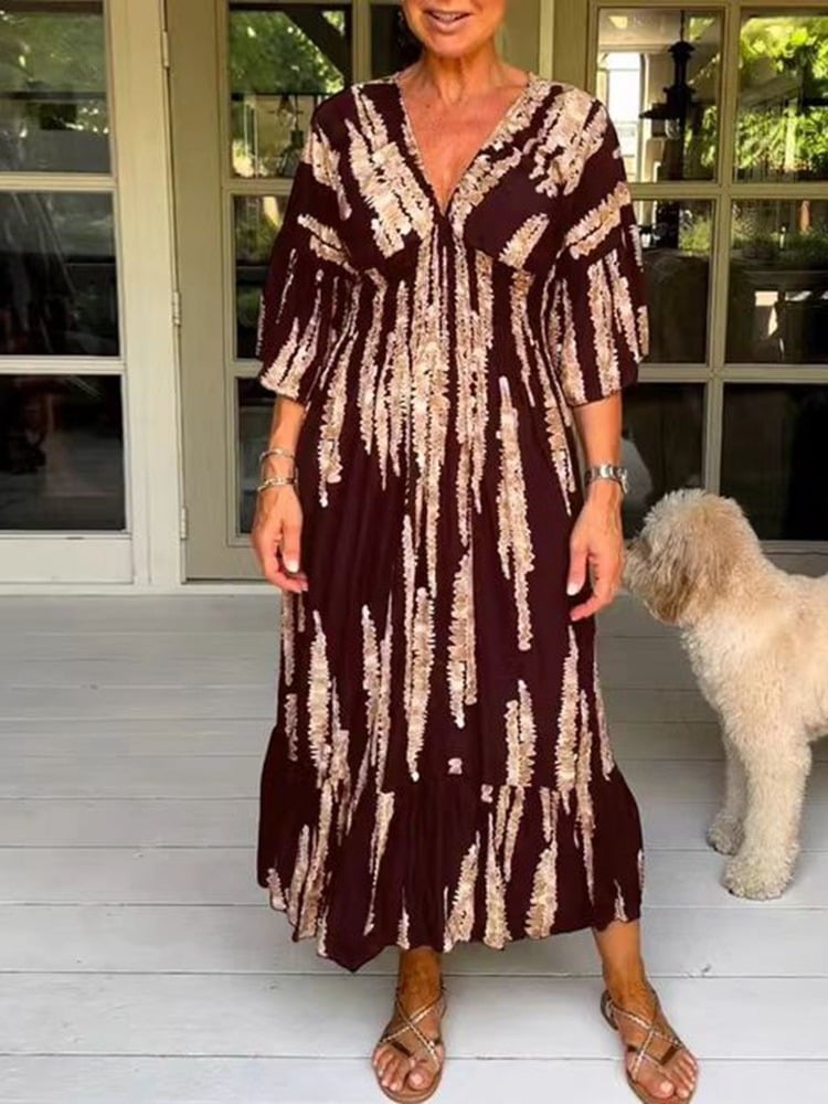 👗Casual Print V-Neck Waist Wrap Long Dress