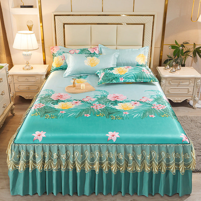 Ice Silk Skirt Style Bed Mat Three-Piece Set