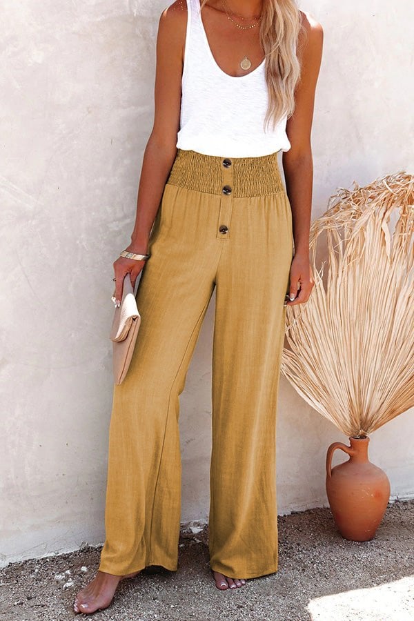 Linen Blend High Rise Smocked Pants