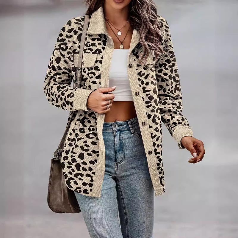 Women's Leopard Print Button Long-sleeve Jacket