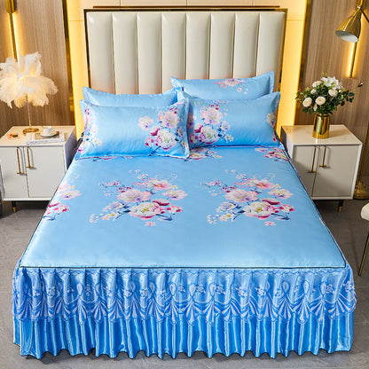 Ice Silk Skirt Style Bed Mat Three-Piece Set