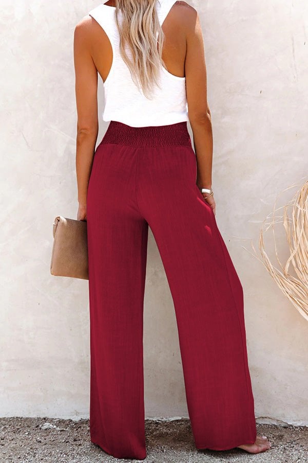 Linen Blend High Rise Smocked Pants