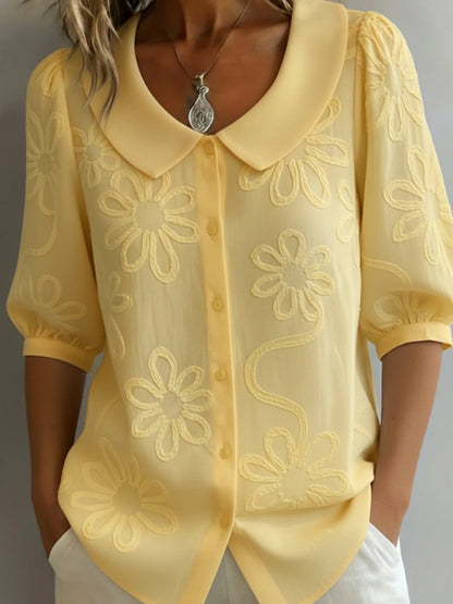 Cotton Loose Fit Embroidered Floral Shirt – Vintage Peter Pan Collar