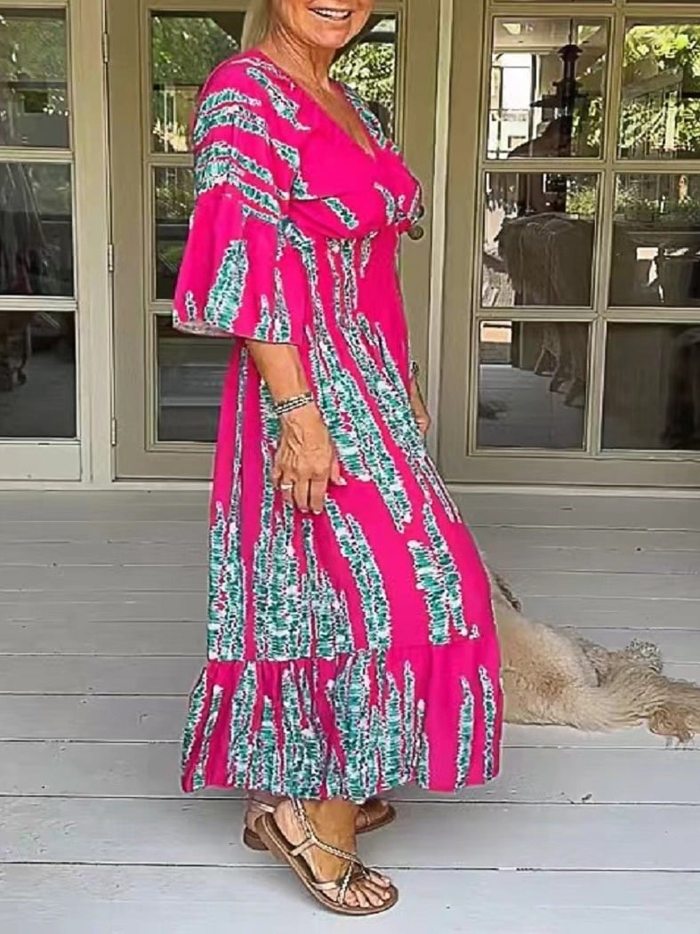 👗Casual Print V-Neck Waist Wrap Long Dress