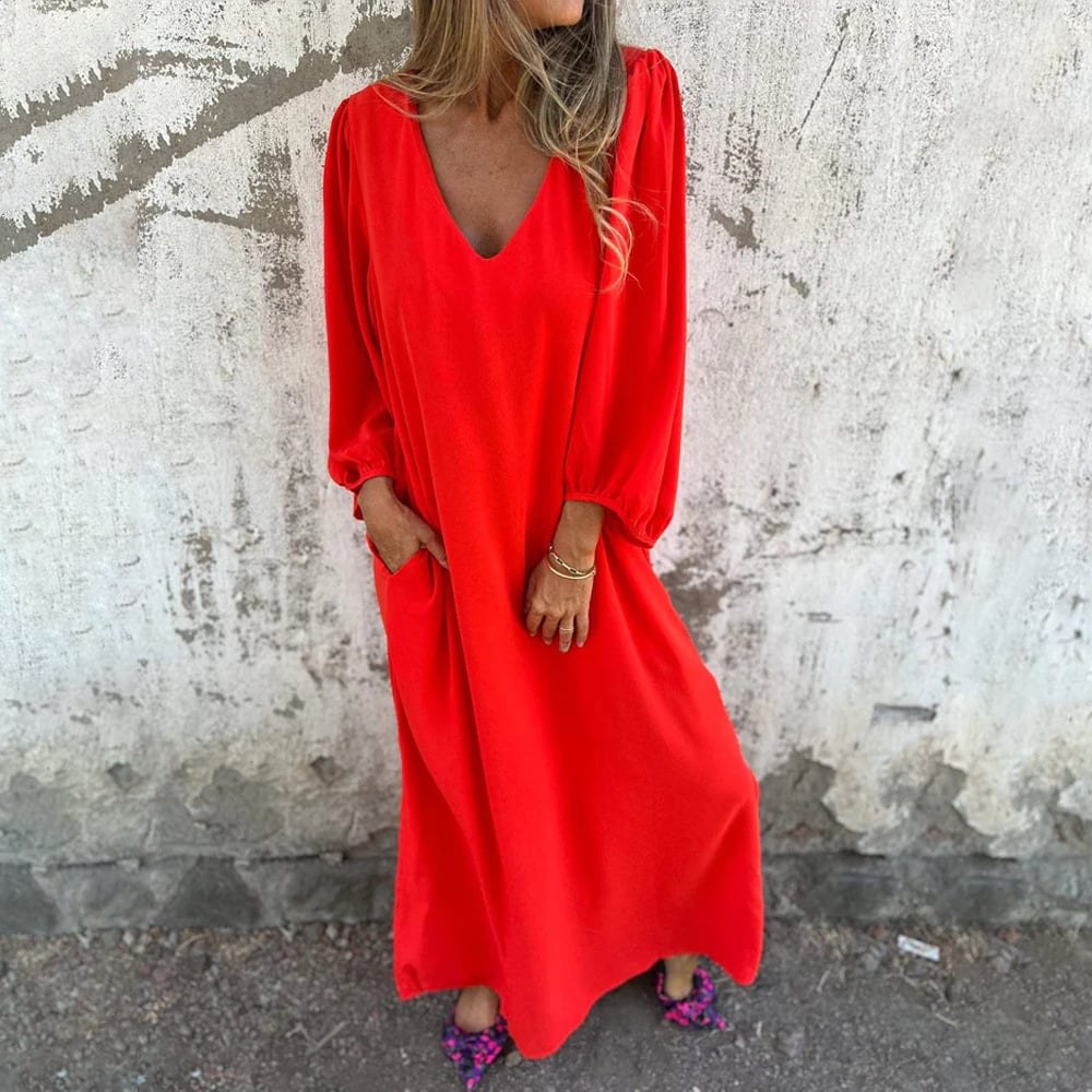 V-neck Solid Color Lantern Sleeve Dress