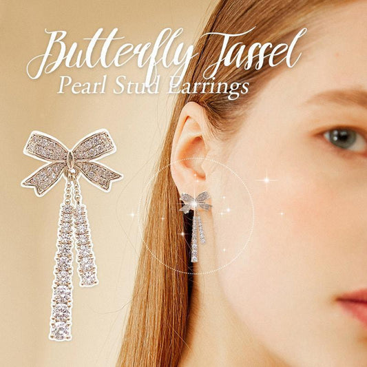 Butterfly Tassel Pearl Stud Earrings