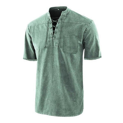 Men Gothic Retro T-Shirt Lace-up V-neck Linen Pocket Short Sleeve Tee Shirt Loose Tops