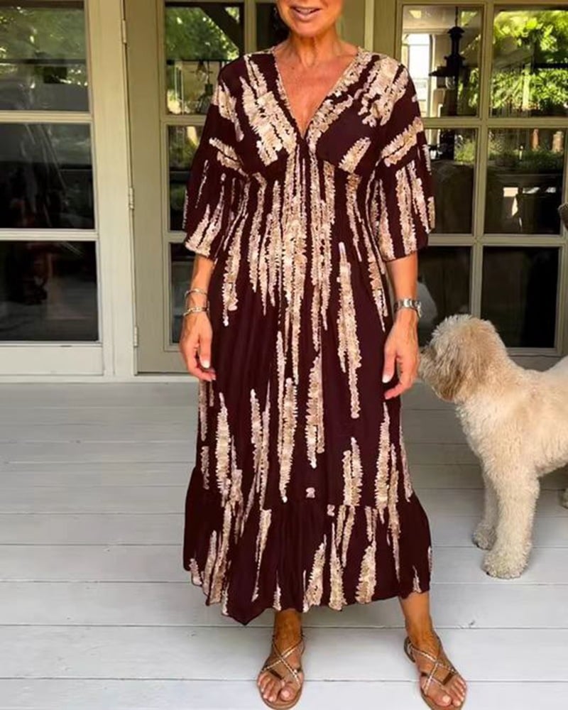 👗Casual Print V-Neck Waist Wrap Long Dress