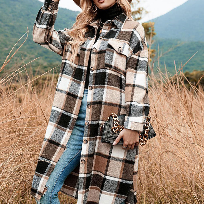 Women's Plaid Print Long Sleeve Warm Tweed Coat